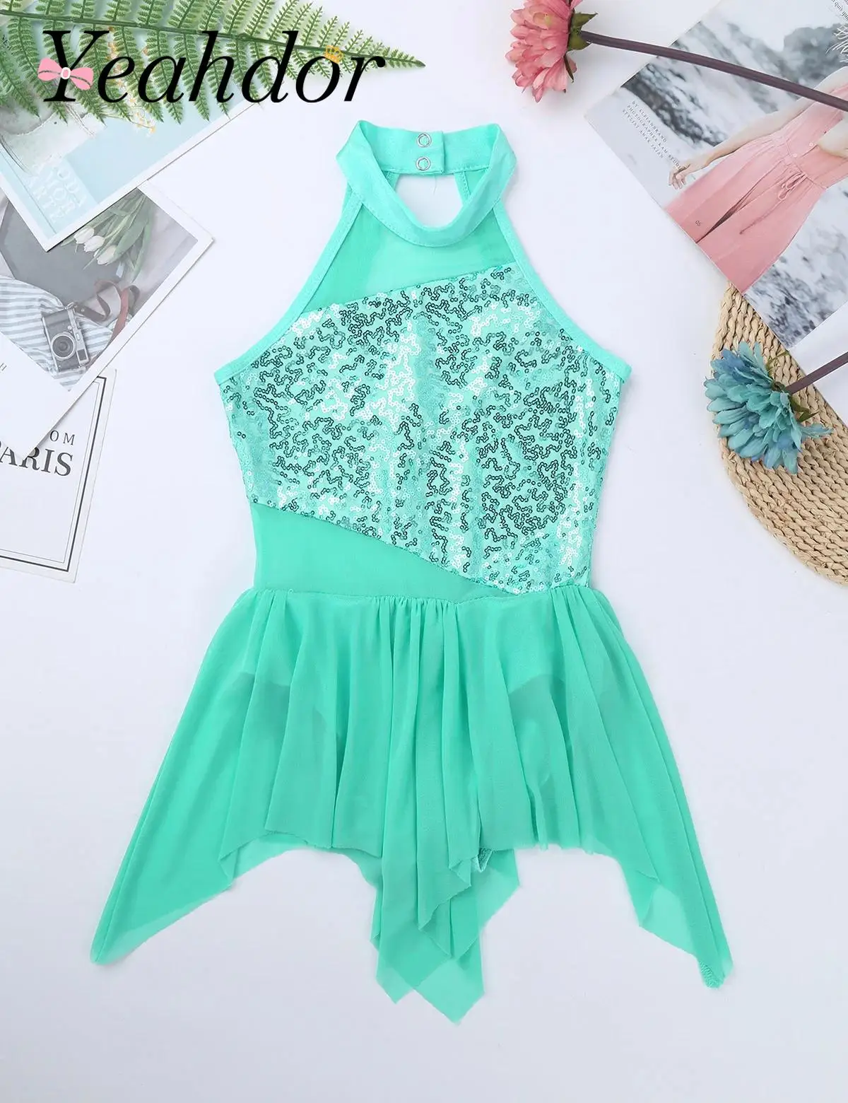 

Kids Girls Lyrical Latin Jazz Dance Costumes Sequins Ballet Dress Sleeveless Mock Neck Asymmetrical Hem Leotard Dress Dancewear