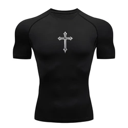 Cross Print Compression Shirt for Men Christian Athletic Tshirt Tees Tops Gym Workout Running Baselayers Undershirts Rash Guard