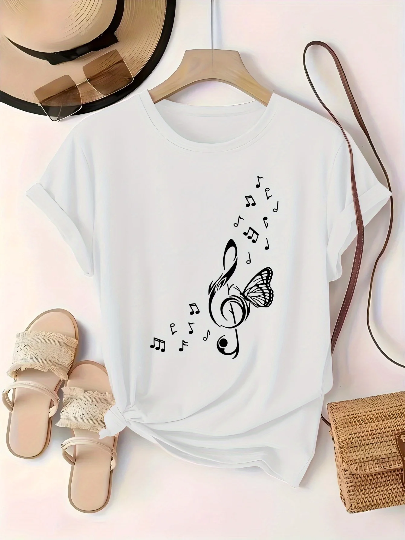 New Note Pattern T-shirt for Women, Spring/summer Printed Short Sleeved Women's Top, Round Neck Casual Top