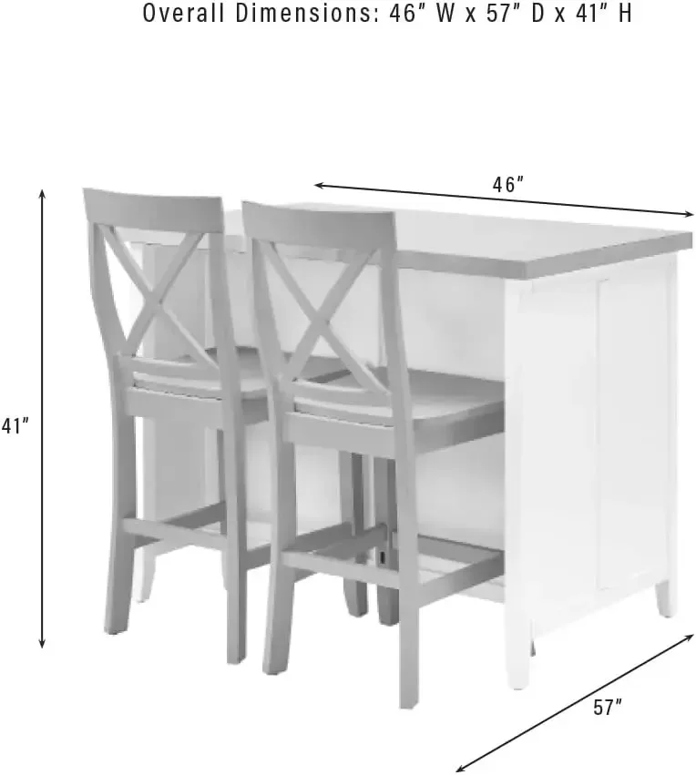 Wyspa kuchenna Crosley Furniture Silvia z blatem ze stali nierdzewnej i stołkami X-Back, biały/szary