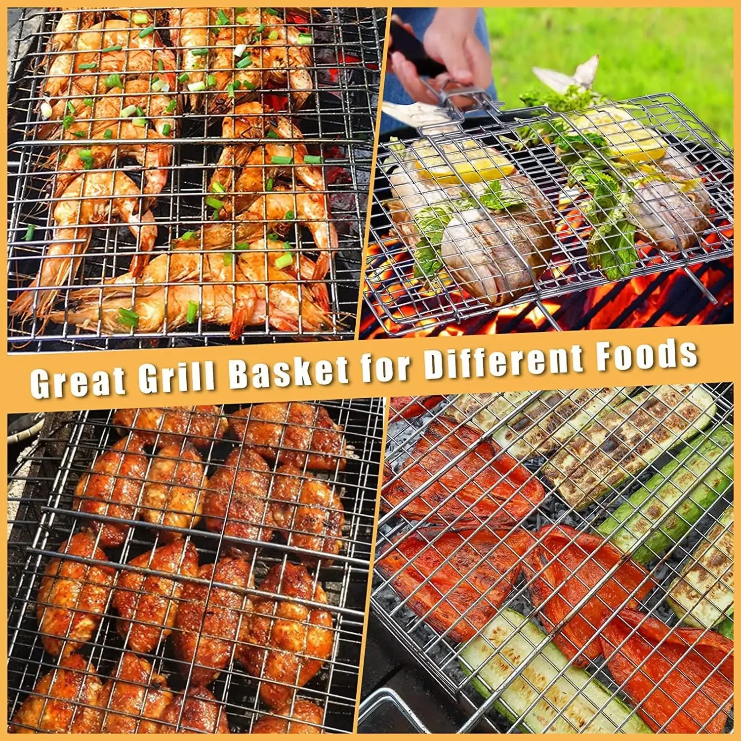 Grill Basket Stainless Steel Folding Grilling Basket Outdoor Camping BBQ Rack Shrimp Steaks Fish Barbeque Griller Cooking Tool