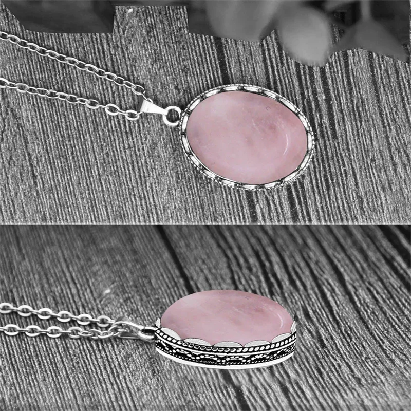 Vintage Natural Rose Quartz Lapis Necklace For Women Antique Silver Plated Natural Stone Fashion Stainless Steel Chian Necklace