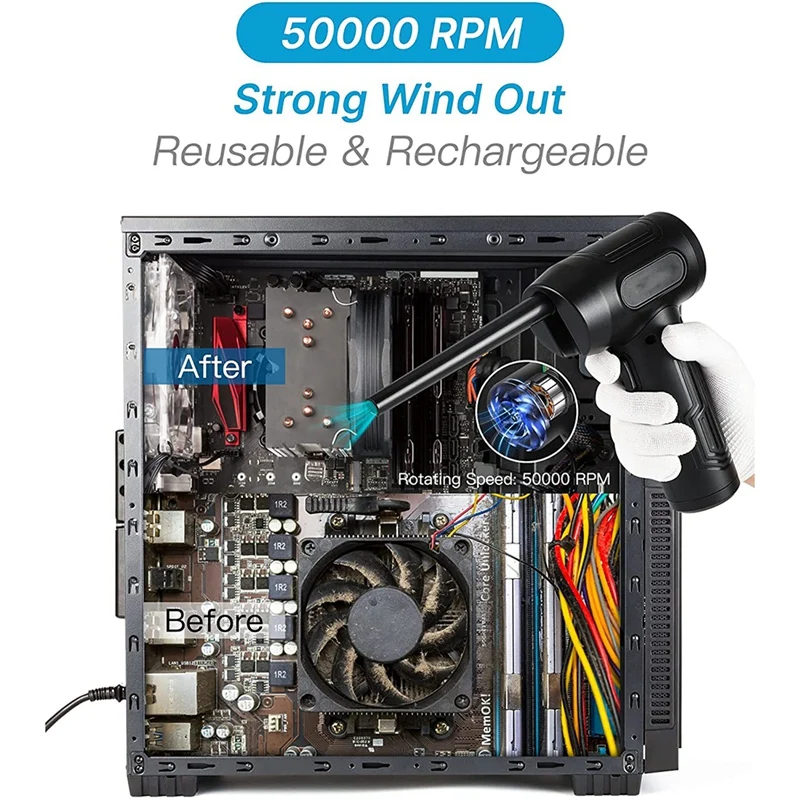Dépoussiéreur à air comprimé électrique sans fil pour clavier PC, souffleur d'air pour ordinateur, moteur amélioré, 50000 tr/min