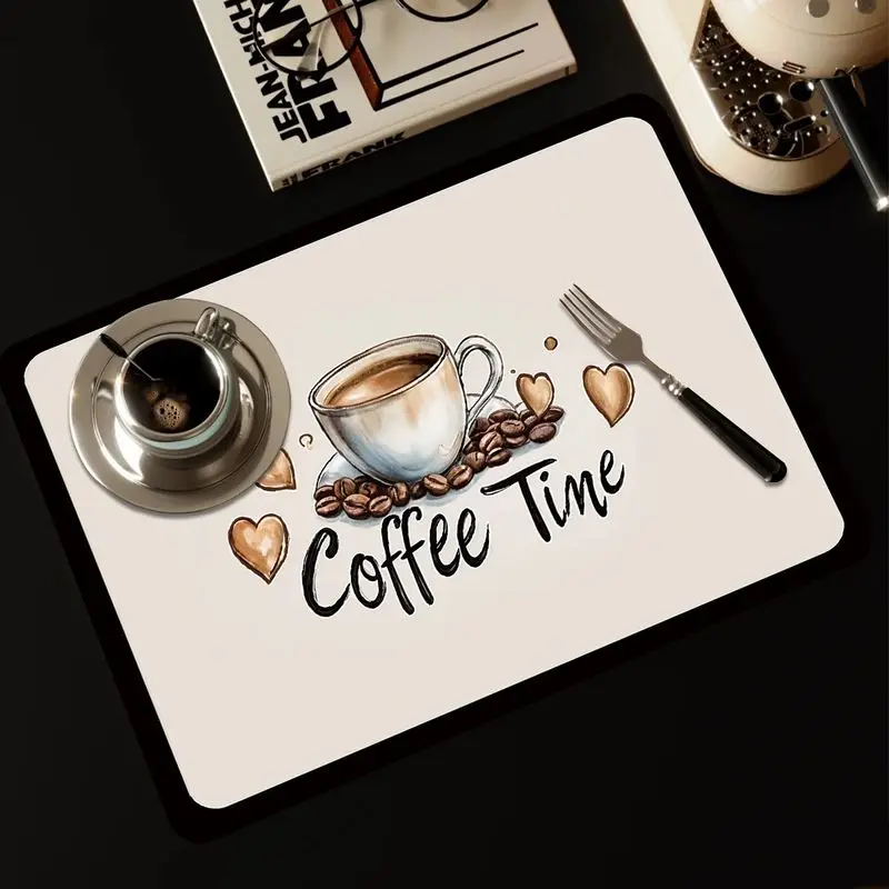VIKAMA Kitchen Utensil Draining Mat Coffee Time Theme Absorbent Non Slip Coffee Maker Mat Kitchen Countertop Table Home Decor
