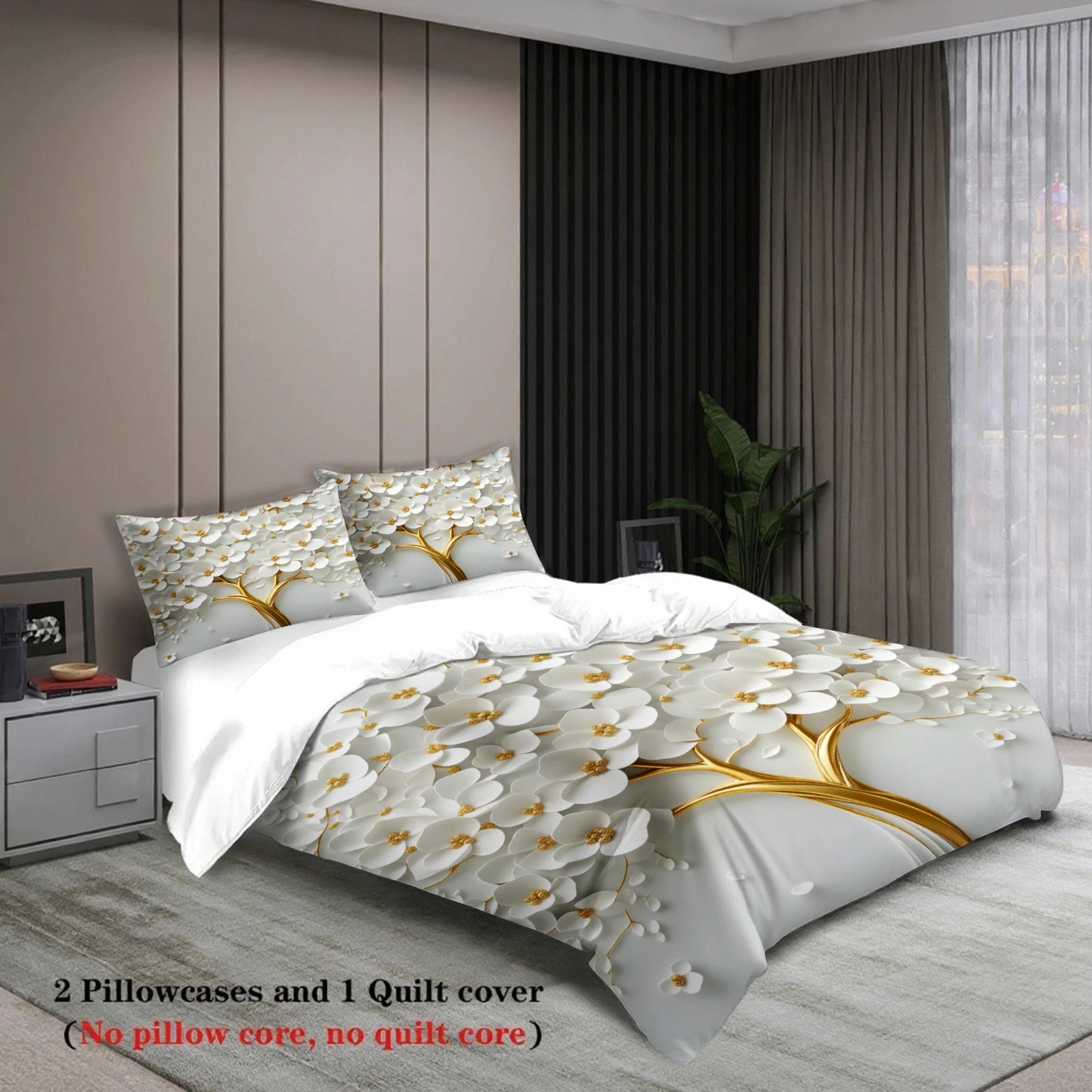 3D Floral Tree Bedding Set White Gold Flower Pattern Bedding With Duvet Cover & Pillowcases For Bedroom