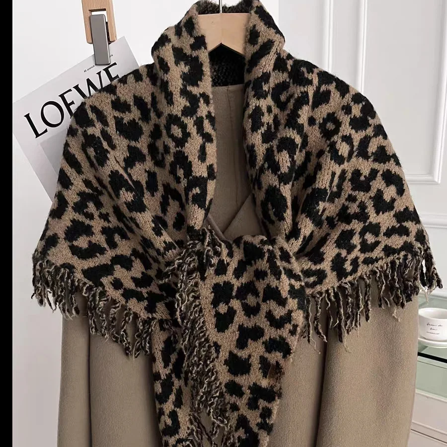 

Women Knitted Cardigan Sweaters Patchwork Jumpers Shawl Leopard Slight Strech Loose Fit Casual Office Lady 2025 Autumn Winter