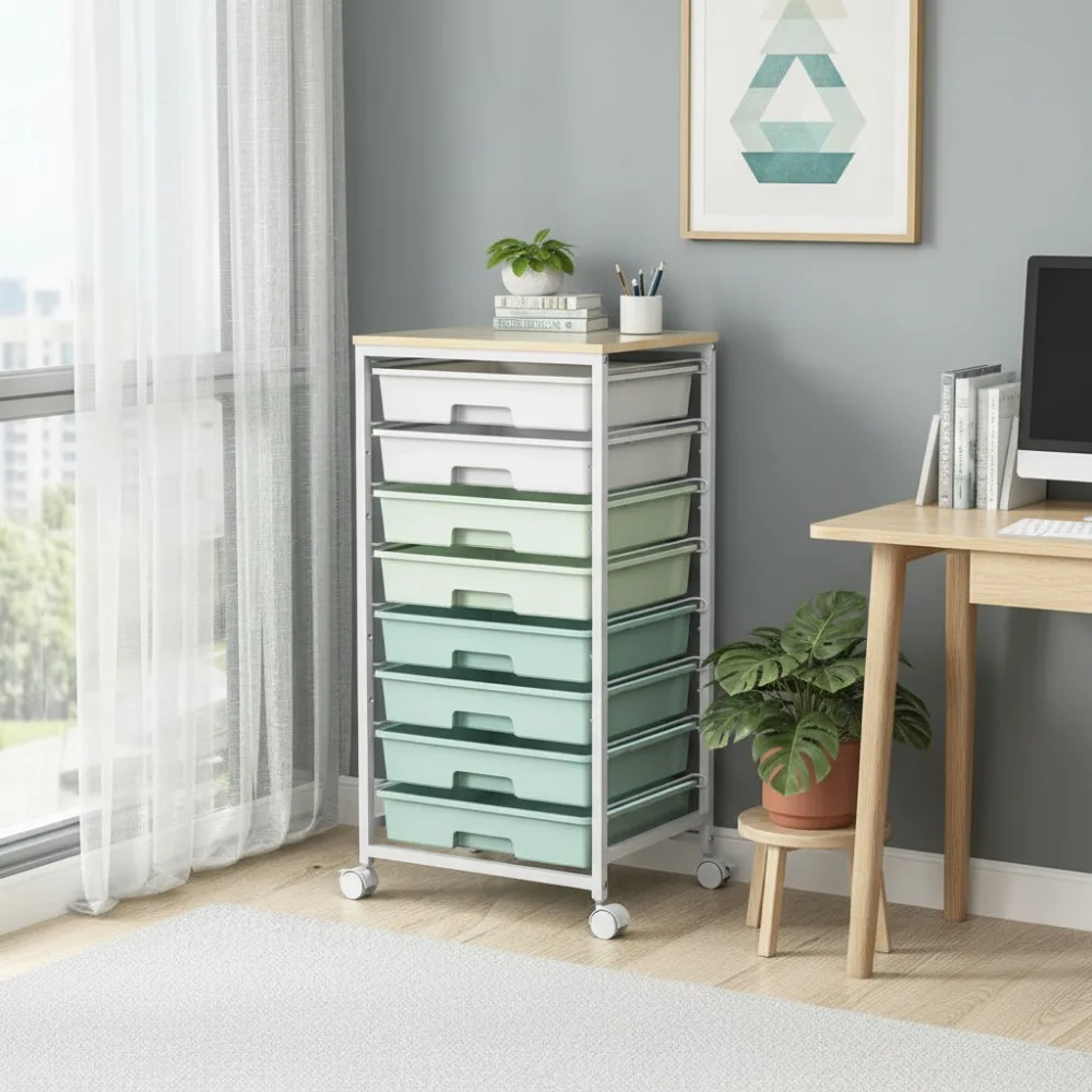 8-Drawer Rolling Storage Cart with Wooden Top for Home Office and Craft Room Organization