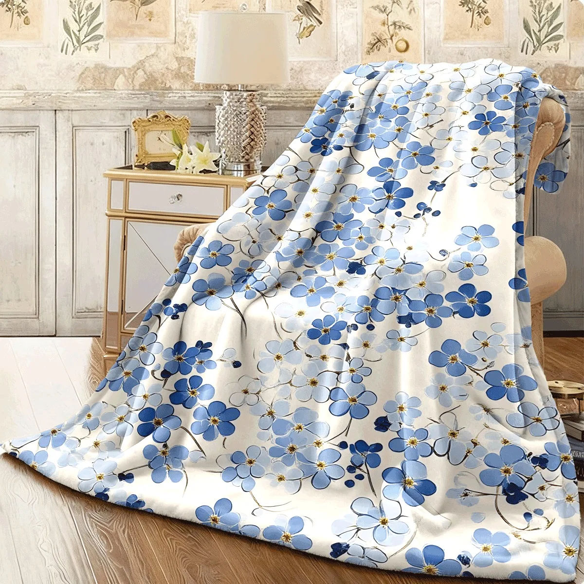Premium Blue Floral Flannel Throw Blanket Plush Soft Fleece Cozy Couch Throw for Living Room Sofa Winter Nap Gift Decoration Que