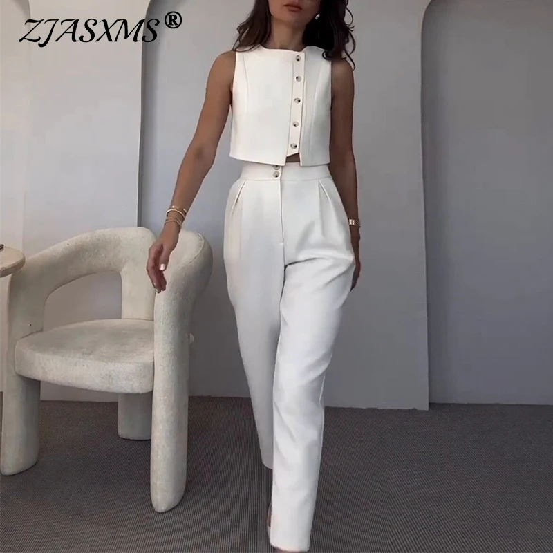 Women\'s 2024 Spring Summer Sleeveless Vest Suit Set Elegant Single Breasted Crop Top Ninth Pants Outfit Casual Solid Office 2pcs