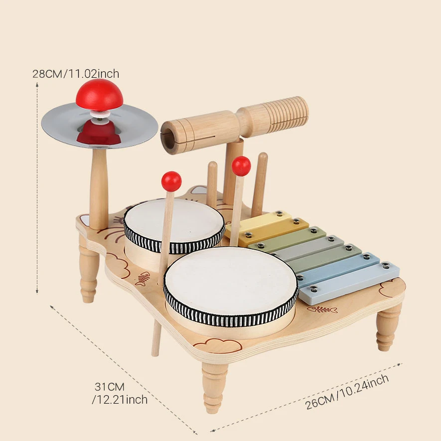 Juego de batería de juguete para niños con temática de gatito de madera, con llaves y baquetas multicolores, adecuado para mayores de 3 años, 1 ud.
