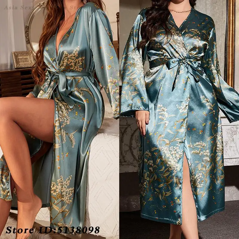 

Spring Summer Female Long Robe Sleepwear Print Cherry Floral Kimono Bathrobe Gown Sexy Loose Satin Home Dress Lounge Wear S-5XL