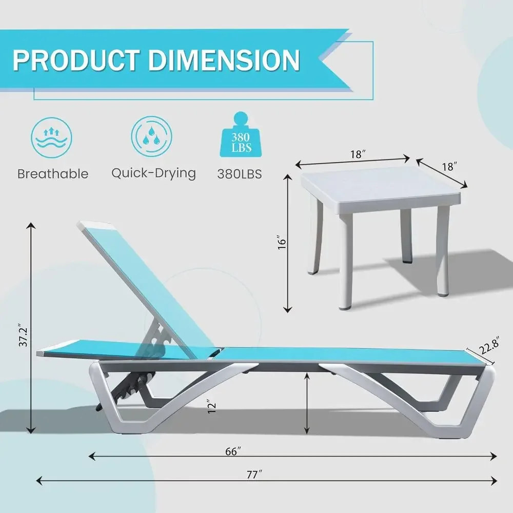 5-Position Adjustable Patio Lounge Chair with Side Table, Ideal for Pool, Garden, Beach, Turquoise Blue