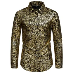 #4721 Gold Purple Blue Long Sleeve Shirt Men Leopard Shinny Print Men Dress Shirt Turn-down Collar Man Shirt High Quality Spring