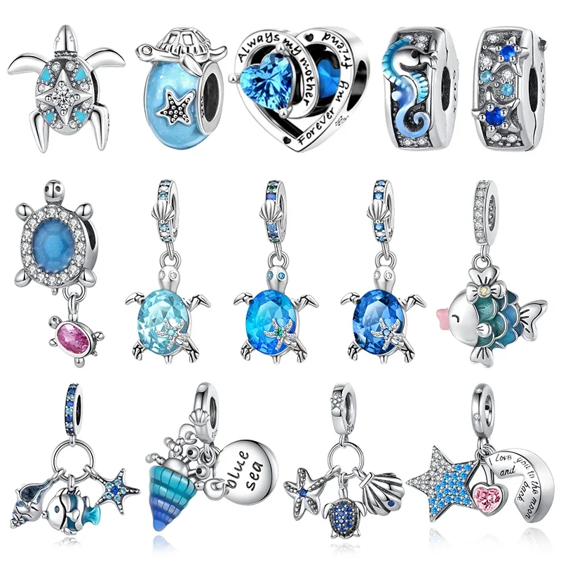 Oceano Série Turtle e Caranguejo Charms, 100% Real 925 Sterling Silver, Mermaid Beads, Fits Original Pandora Pulseiras, pulseiras, presentes da jóia