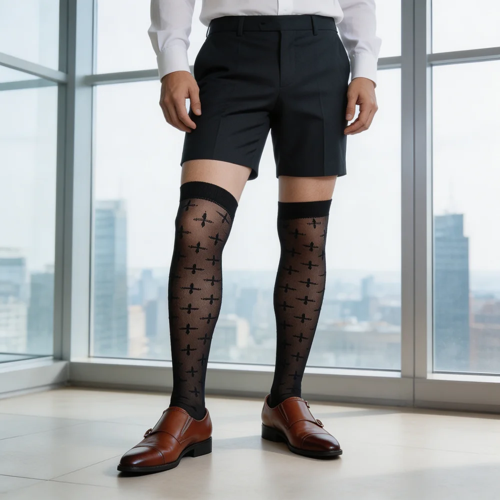 Men's Sheer Thigh High Stockings Black Cross Pattern Over Knee Mesh Dress Socks Breathable Nylon Business Formal