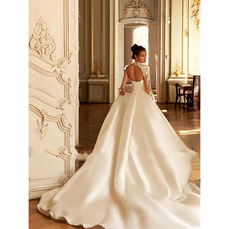 Luxury Women's White Wedding Dresses Lace Decal One Shoulder Long Sleeve A-Line Dress Boat Neck Bridal Gownes Sexy Backless