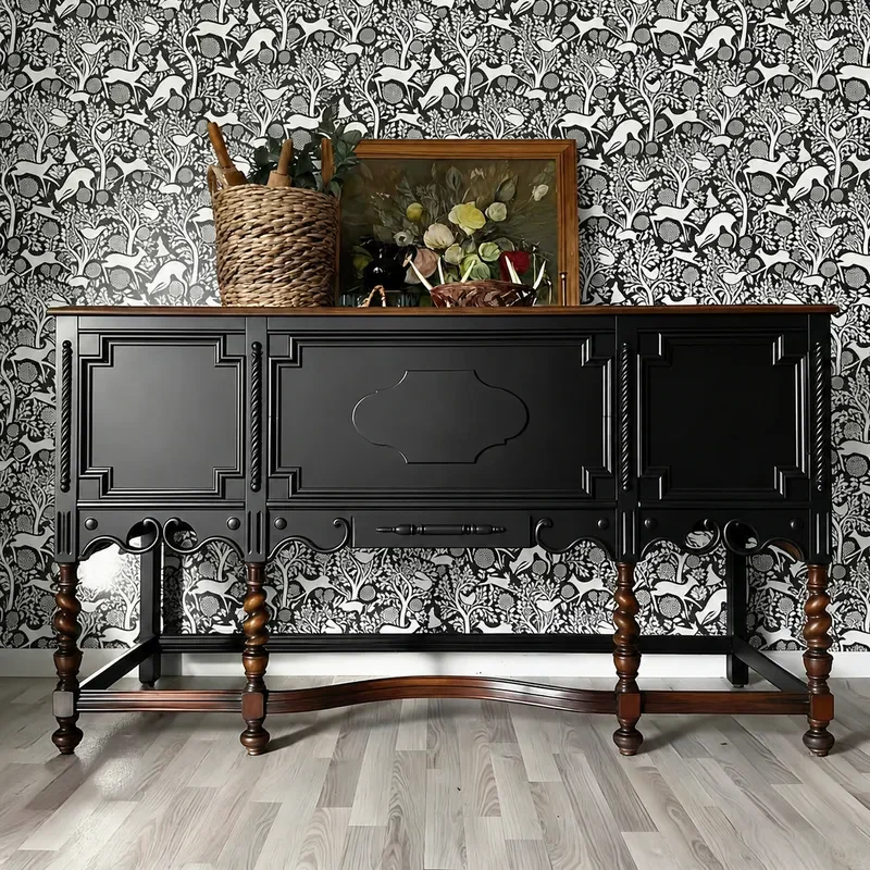 American Retro Solid Wood Porch Cabinet Black Engraved Multi Drawer Dining Side Locker Entry Foyer Decorative Cabinet