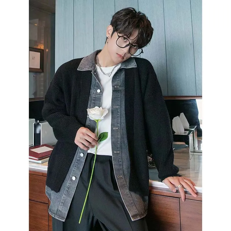 Spring/Summer 2023 Denim Paneled Sweater Men's Autumn And Winter Loose Vacation Two-piece Knitwear Men's Instagram Hong Kong Sty