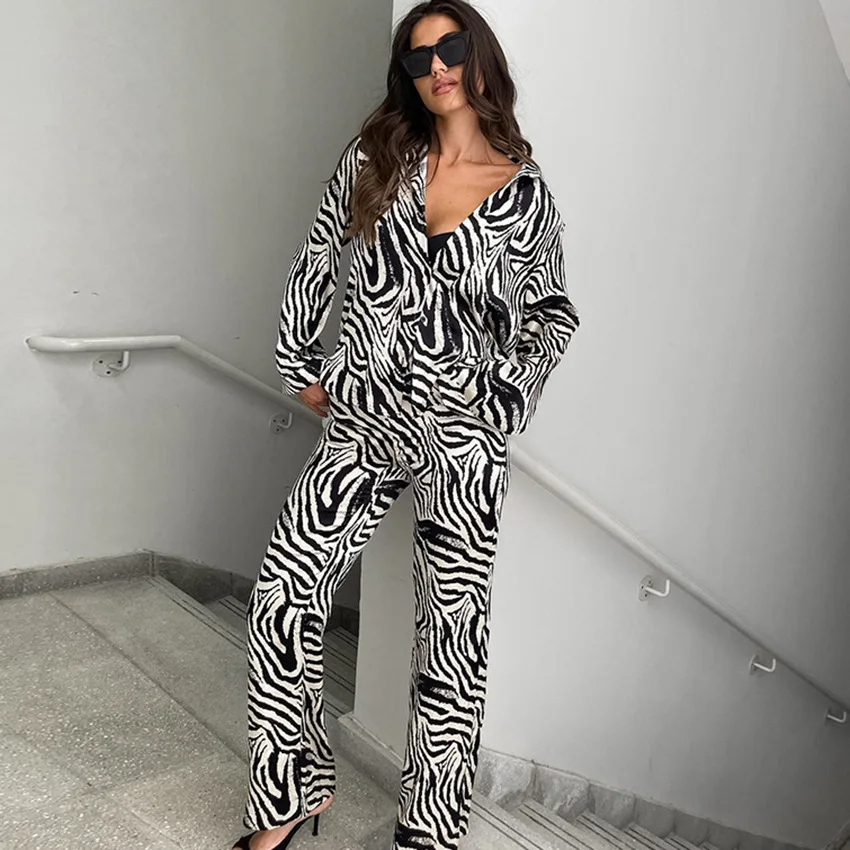 Autumn100% Terylene Zebra-striped Long-sleeved Shirt + Long Pants, Imitation Silk Home Wear for Women's Skin-friendly New Suit