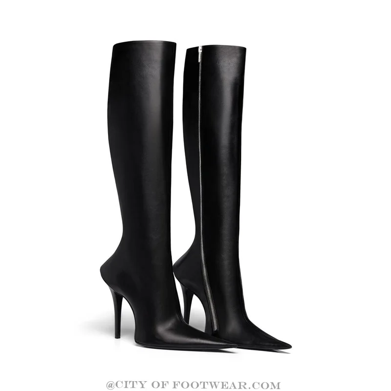 

2023 New in Black Letaher Knee HIgh Boots Women Pointed Toe Stilettos Luxury Designer Zipper Boots Party Everyday Shoes on Offer