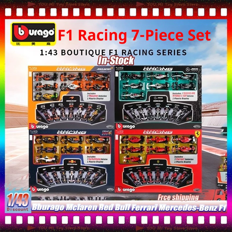 

New 1:43 Bburago Mclaren F1 Racing Car Model 7 Pieces Diecast Metal Set With Display Stand Collectible For Car Enthusiasts Gift