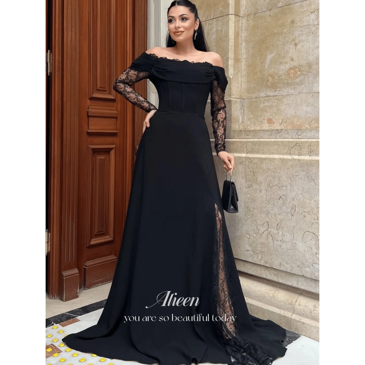 Aileen Crepe Off The Shoulder Black A-Line Evening Dress 2026 Prom Dress Formal Evening Robes de Soirée Women Elegant Banquet