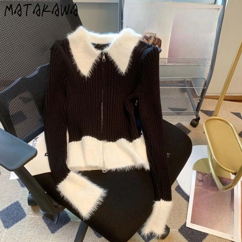 

Matakawa Short Cardigans Contrast Color Zipper Autumn Winter Vintage Women Sweaters Korean Fashion Slim Warm Sueter Mujer