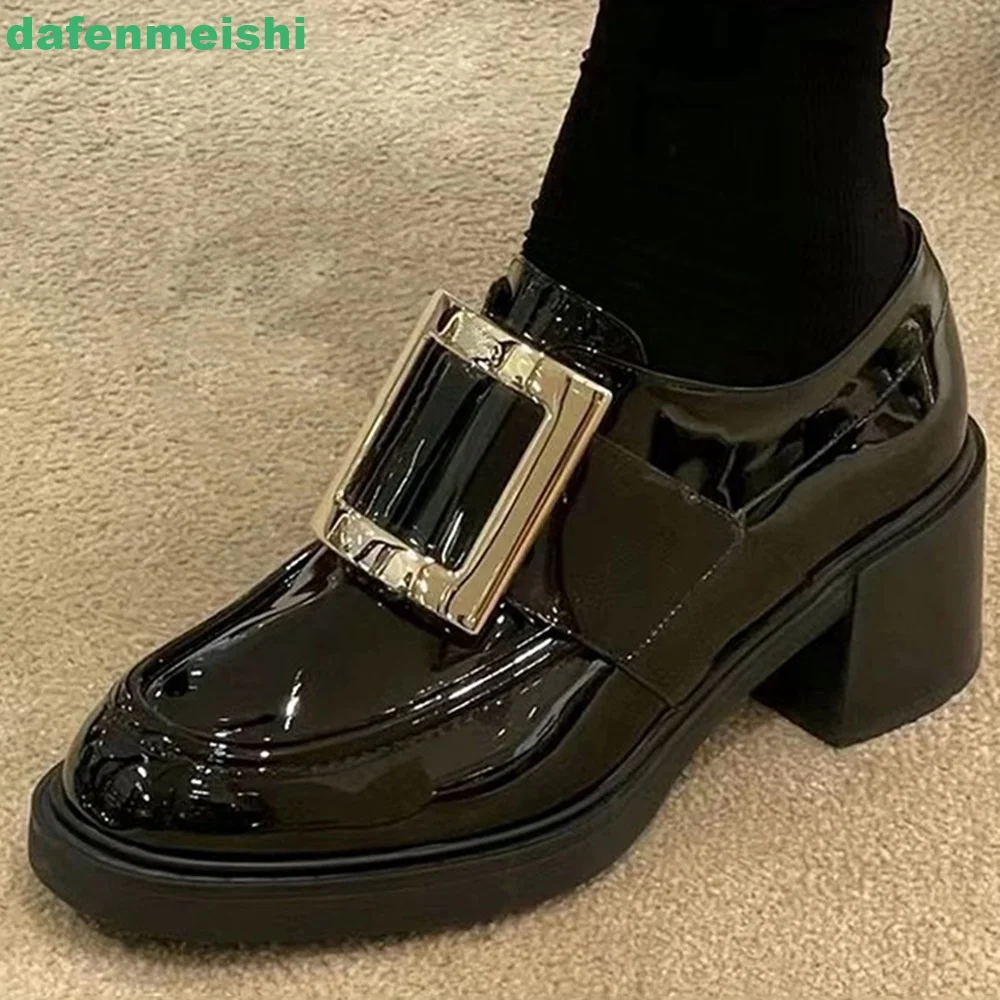 Square Rhinestone Buckle Slip On Loafers Shoes 2024 Summer New Women Chunky Heel Patent Leather Sexy Fashion Platform Shoes