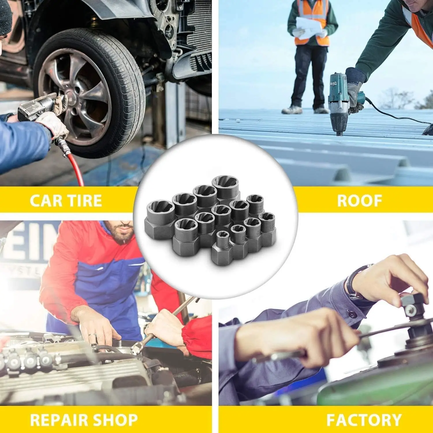 Kit estrattore bulloni Rafford da 14 pezzi: set di bussole per dadi di trasmissione da 1/4"-3/8", rimuove bulloni/turce danneggiati/ruggini/rotondati + adattatore esagonale