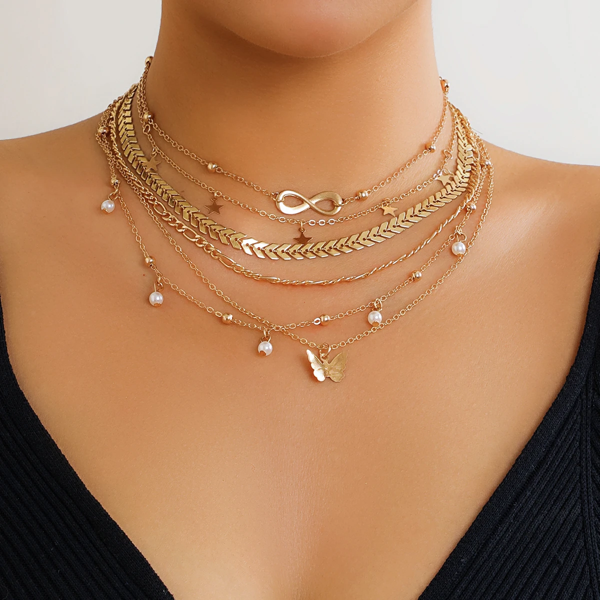 6 Pcs Layered Separable Chains with Butterfly Pendants Necklace for Women Trendy Chains on Neck Accessories 2023 Fashion Jewelry