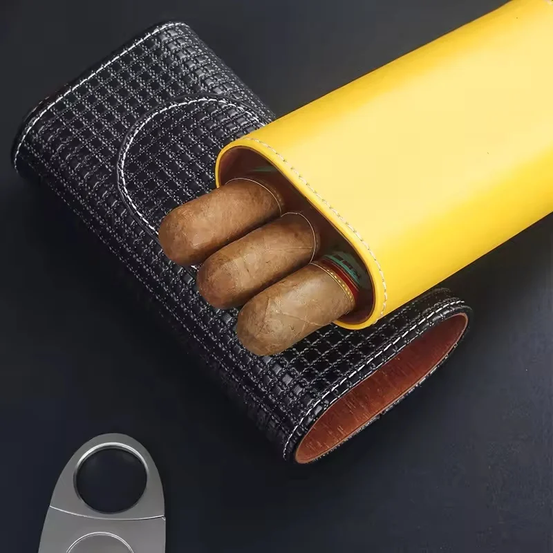 Portable Leather Cigar Humidor Case with Cedar Wood Lining 3-Finger Travel Cigar Box + Stainless Steel Cutter Men Gift - view 5