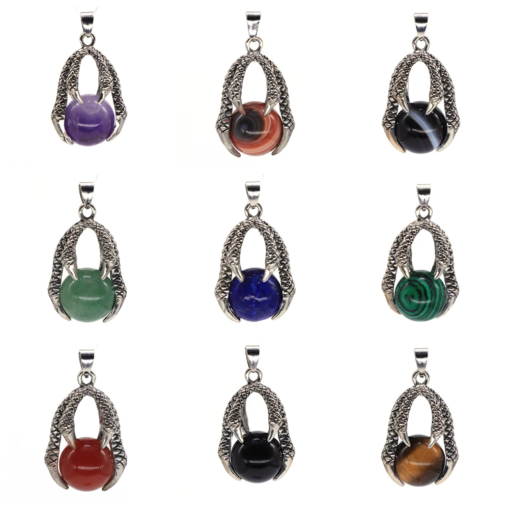 New Dragon Claw Hold Natural Stone Round Bead Pendant Healing Crystal Amethysts Agate Ball Charm For Men Jewelry DIY Accessories