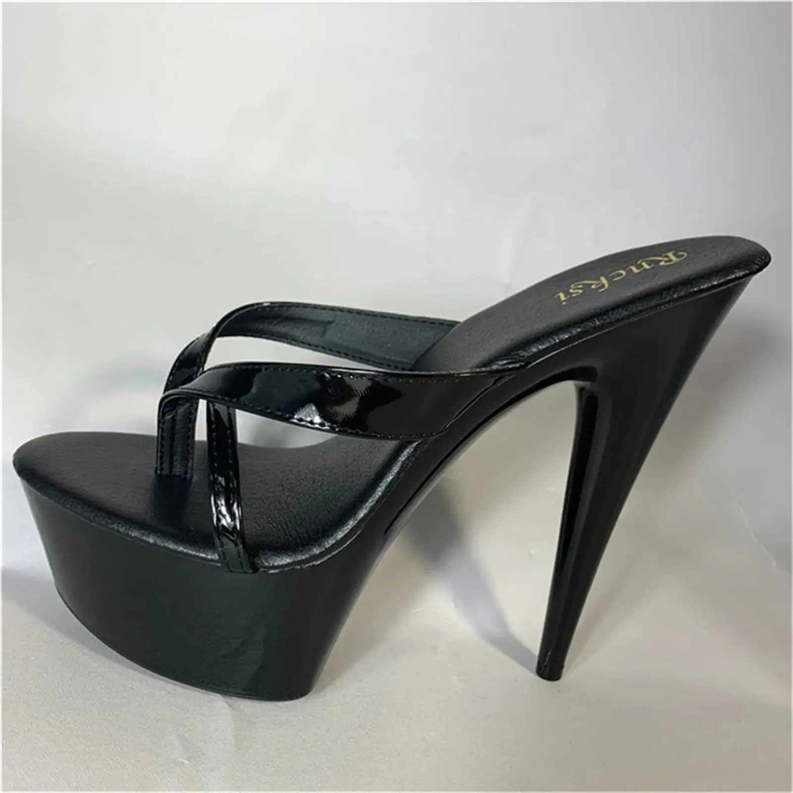 

​15CM Platform Slide Sandals, Black T-Band Mules with Chunky Sole, Extreme Height Fetish Shoes​