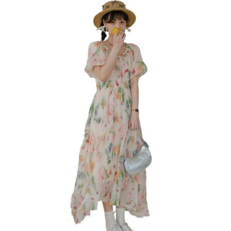 plus size Spring New Fashiom chic Flower print party dress Summer French palace stylepuff sleeved pleated printed dress S - 5XL