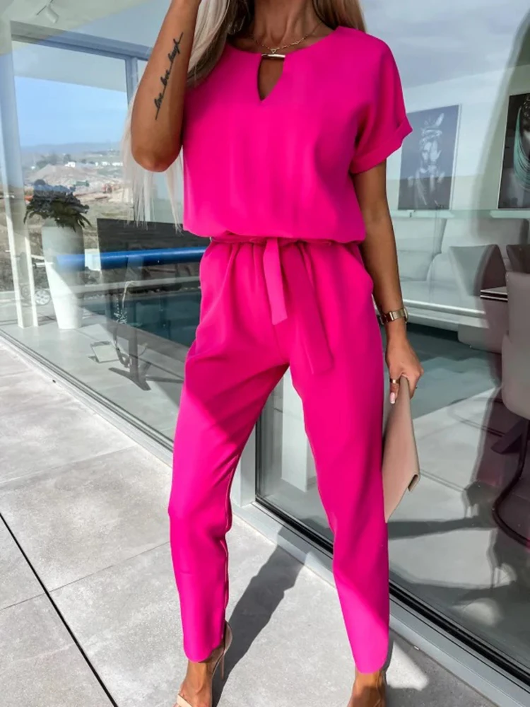 Jumpsuit Women 2023 Solid Color Short Sleeve V-neck Pocket Lace-up Pencil Long Pants Jumpsuits Summer Outfits Bodysuits