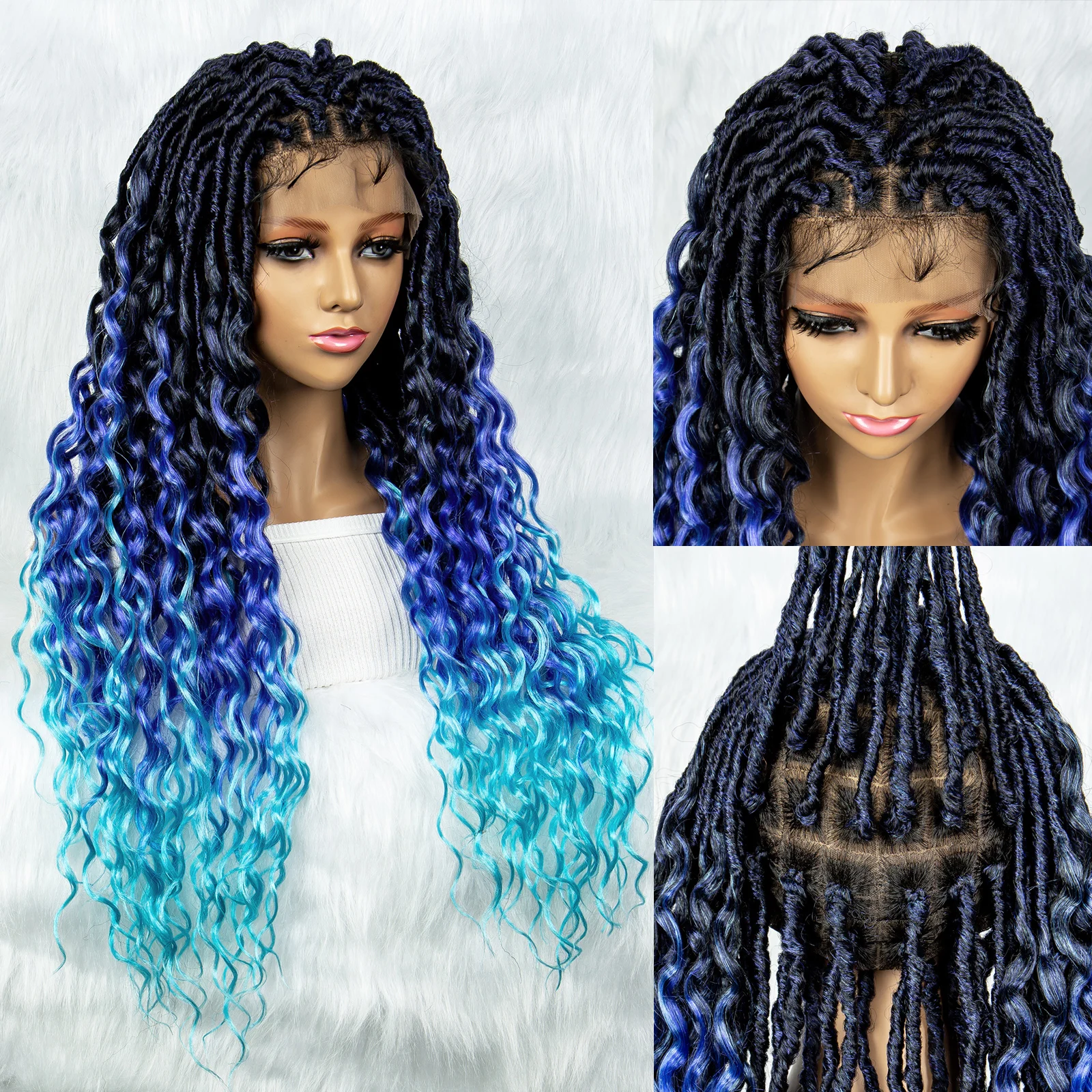 Wig Kepang Kotak Tekstur Keriting Wig Renda Penuh Sintetis untuk Wig Kepang Wanita Afrika Amerika dengan Wig Kepang Rambut Bayi