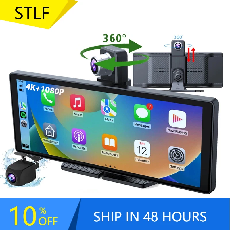 

STLF10.26" Dash Cam 4K 2160P Carplay & Android Auto Car DVR Video Drive Recorder Stream Dahscam 360 ° Rotation Cameras 5G Wifi G