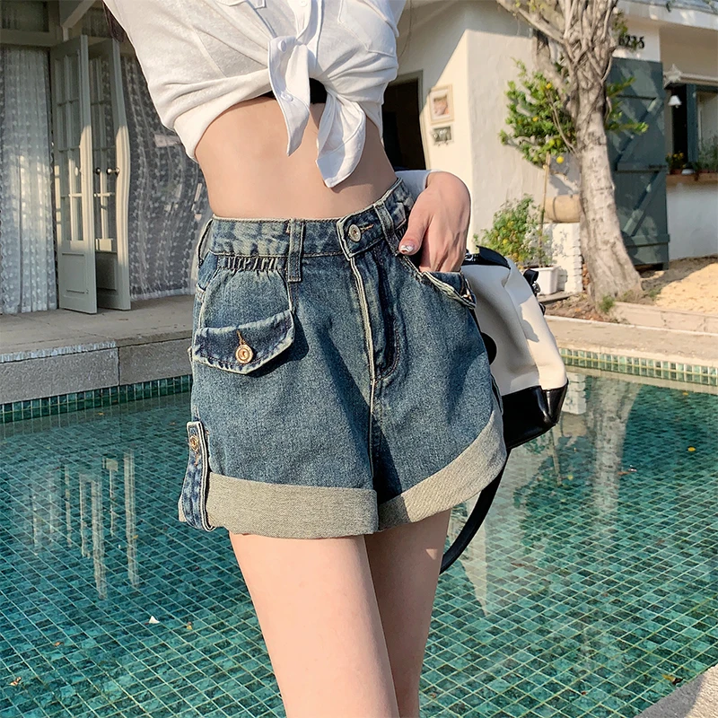 

2024 Spring Summer Women New High Waist Denim Shorts Female Thin Wide-leg Short Pants Ladies Pockets Loose Jeans Shorts H113