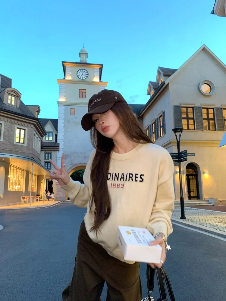 

Off Soft Cozy Floral Letter Knit Sweater Women's round Ne Loose Fit Korean Sle Versatile Autumn Faion Ladies' Top