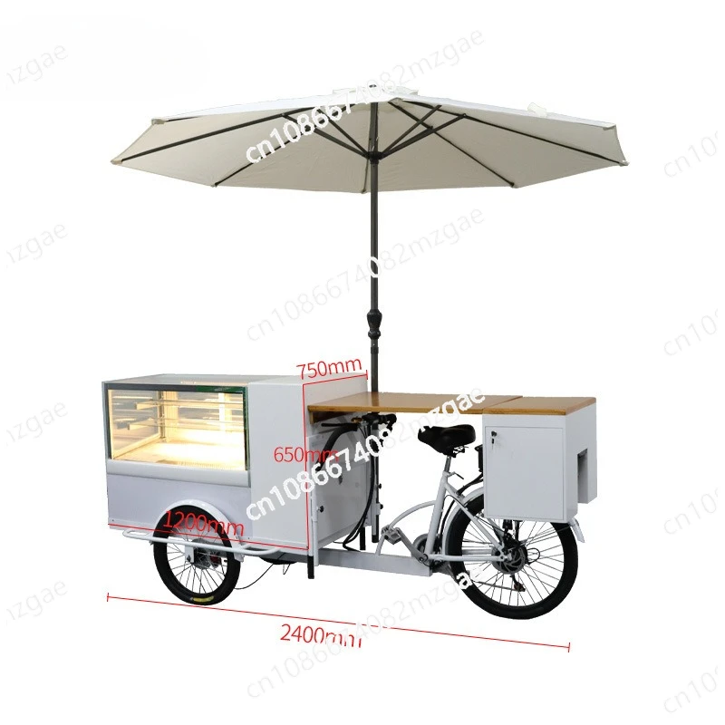 Refrigerador móvil, carrito de comida rápida de tres ruedas, carrito de compras cuadrado de tiramisú, carrito comercial para pasteles y postres