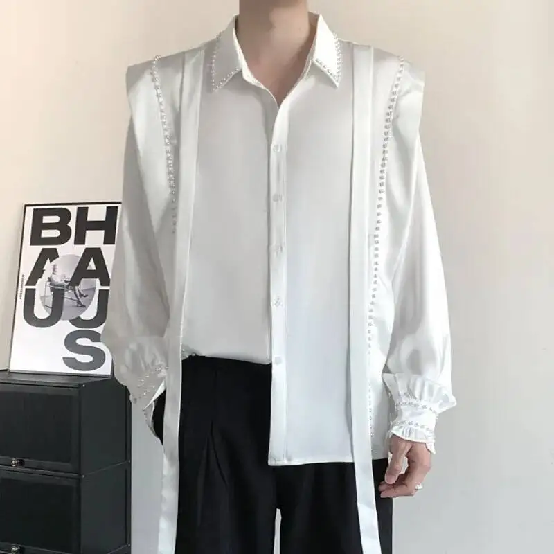 New Fashion Men Shirt Turn-down Collar Solid Color Ribbon Long Sleeve Pearl Decoration Single Breasted Loose Male Top MNHY8