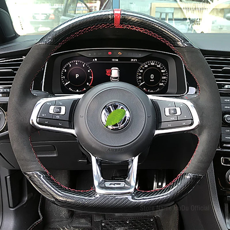 

DIY Steering Wheel Cover For Volkswagen Jetta Golf Passat Tiguan Lamando T-Cross Sagitar Polo Black Suede Carbon Fible Interior