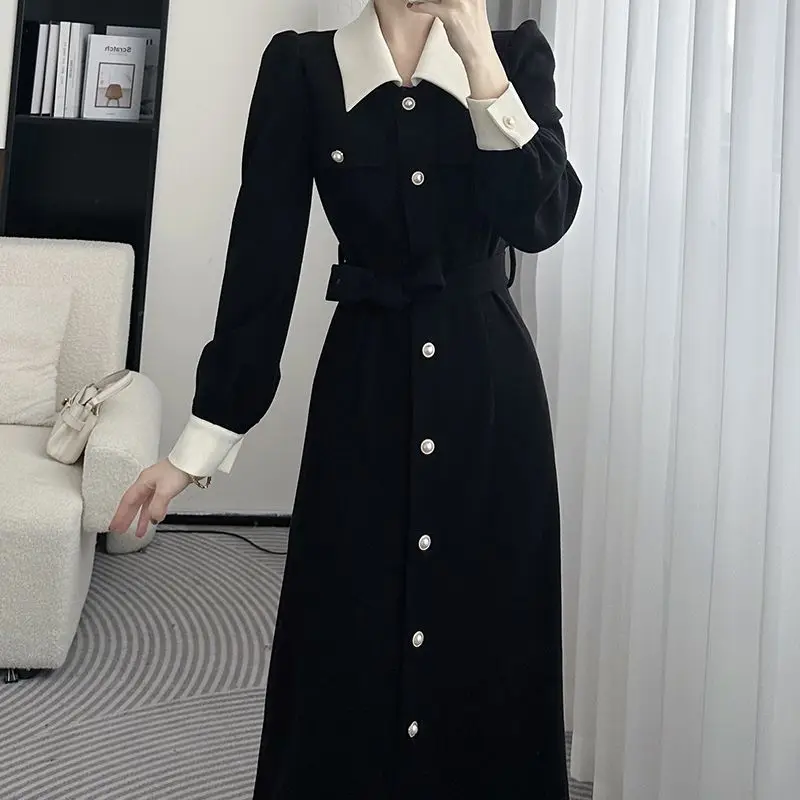 Small Fragrant Wind Flesh Covering Long Sleeved Dress With Stylish Slim Fit High End Shirt Collar Single Breasted Unique