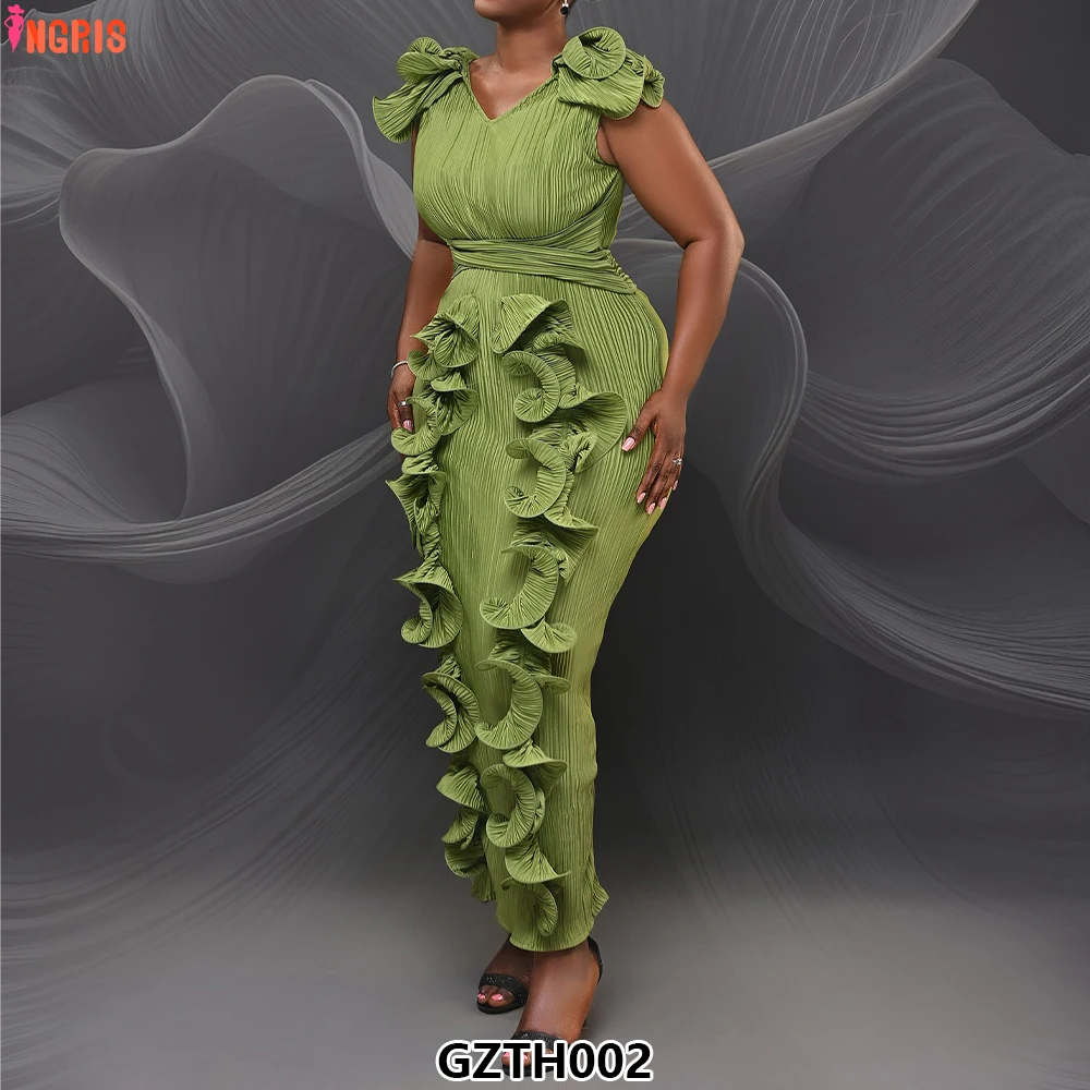 

Women Midi-Length Dress Floral Romantic Plus Size Feminine Pleated Solid Color Natural Inspired Design-GZTH002