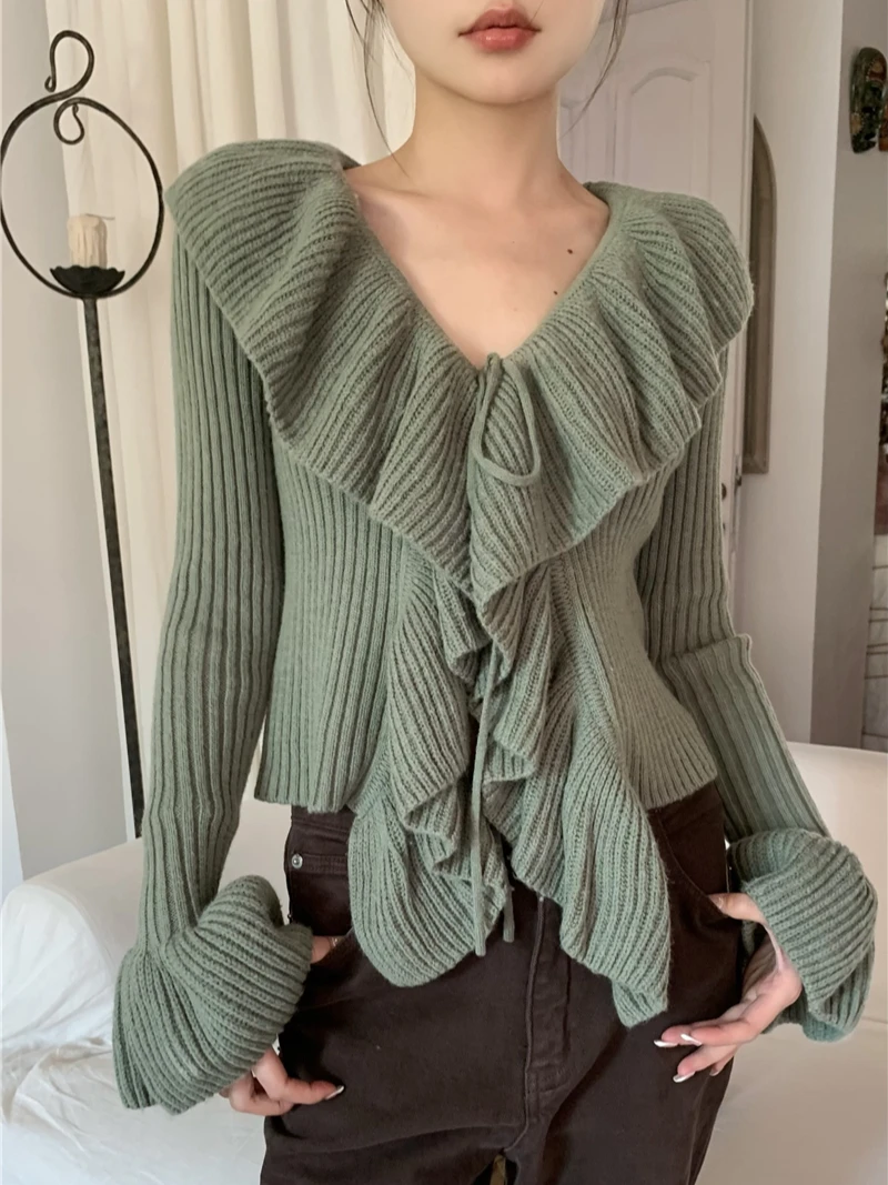 CHEERART Ruffles Flare Sleeve V Neck Knitted Sweater Cardigan Women Lace Up Slim Ribbed Long Sleeve Korean Fashion Green Sweater