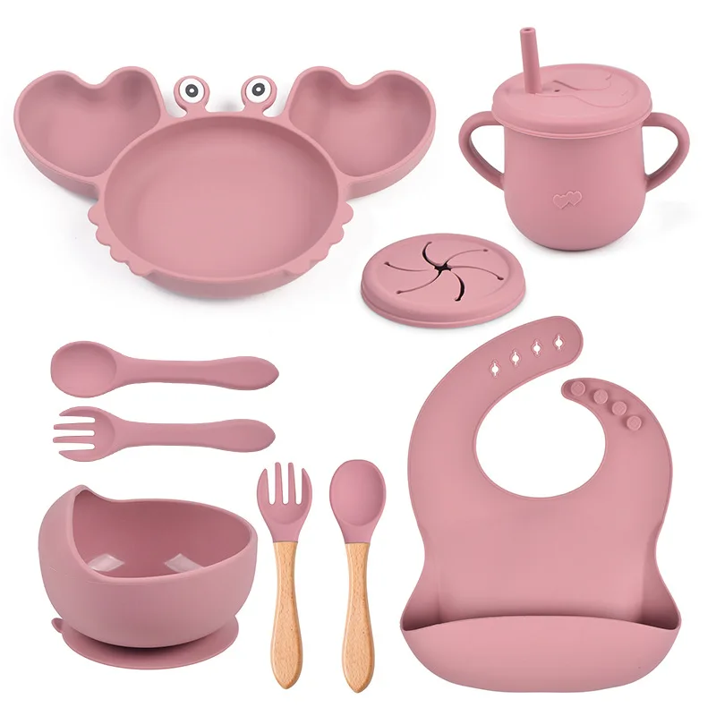 

8Pcs/set Baby Tableware Cute Soft Silicone Bowl Plate Spoon Fork Bib Cup Set Non-slip Toddler Feeding Dishes