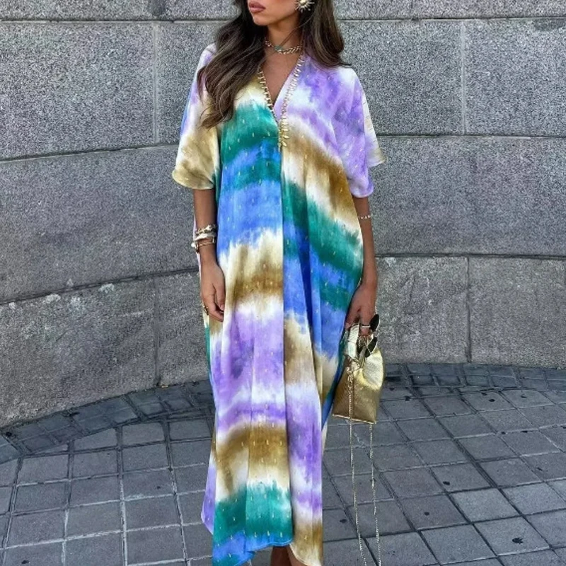 

Tie Dye Printed Loose Summer Holiday Dress Casual Short Sleeved Pleated Commuting Dress Elegant Women's Party Long Dress Vestido