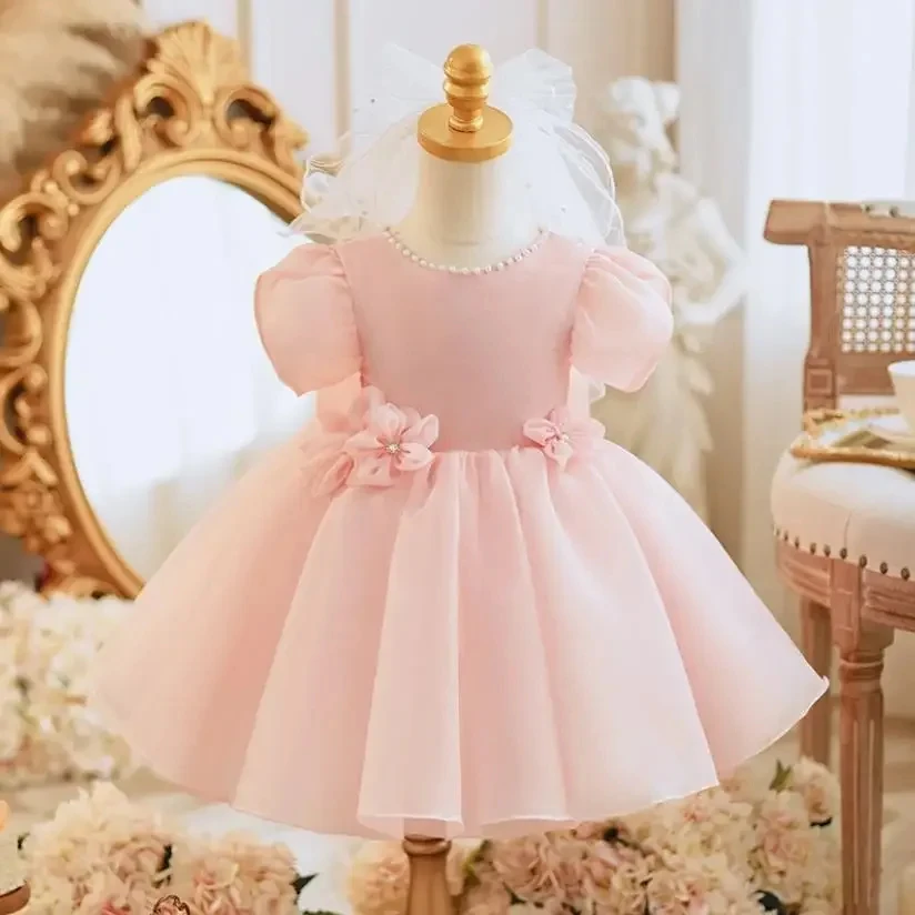 

Customized Pink Flower Girl Dress For Wedding Bow Pearls Short Sleeve High Waist Elegant Kids Birthday First Communion Gown