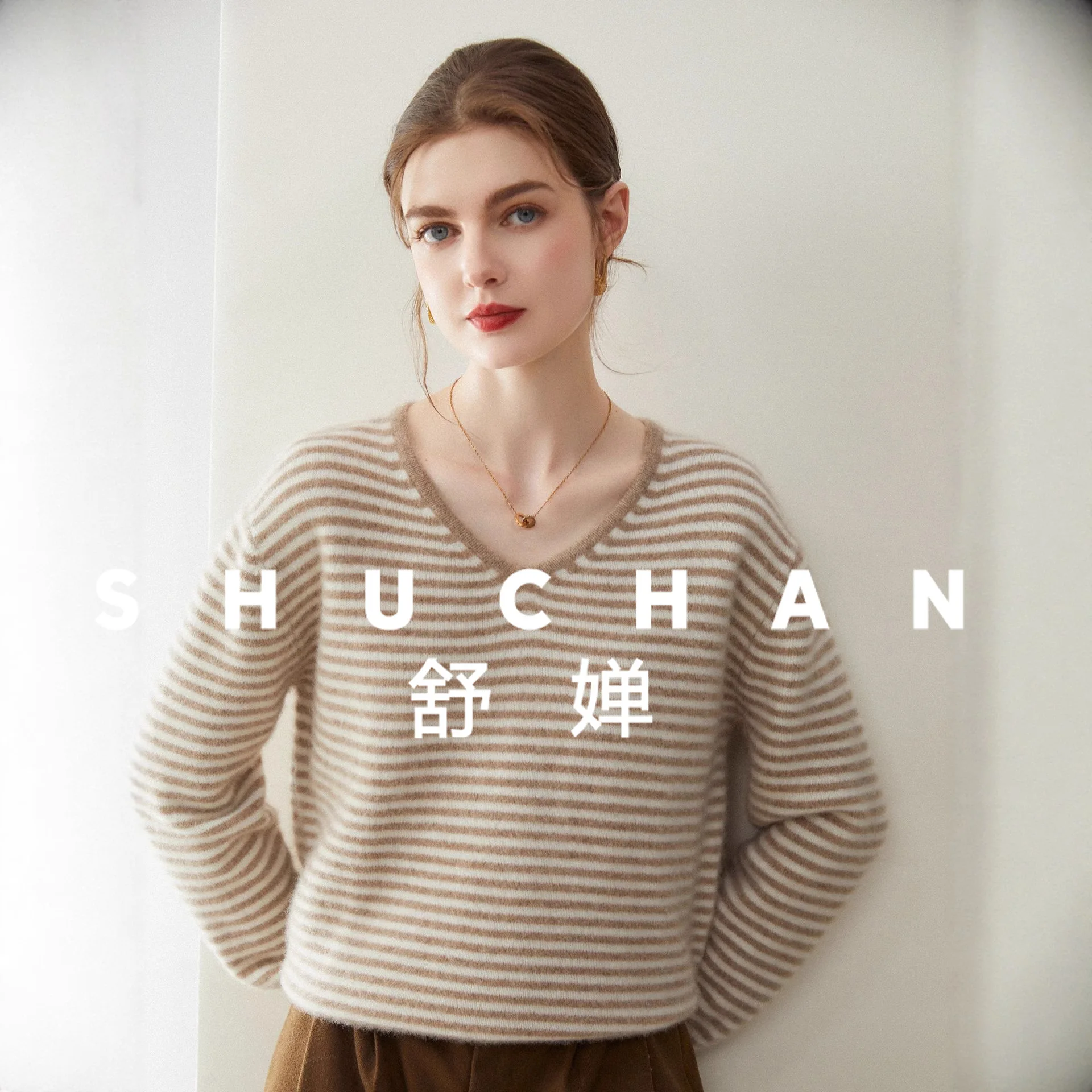 480g 2025 Korean Striped V-neck Knitted Bottoming Shirt Women's Autumn And Winter 100 Pure Cashmere Sweater