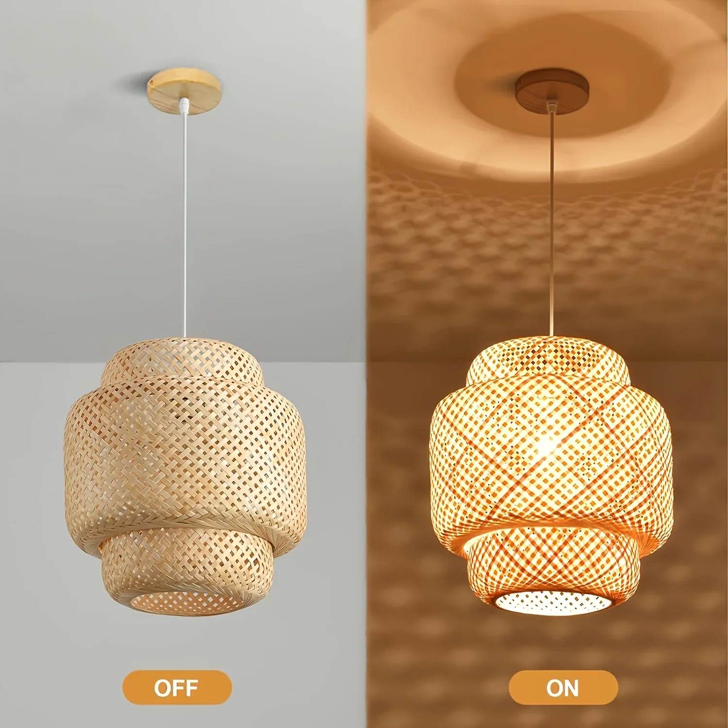 Bamboo Pendant Light Fixture Semi Flush Mount Chandelier with Natural Handwoven Rattan Shade Hanging Lamp for Restaurant Bedroom